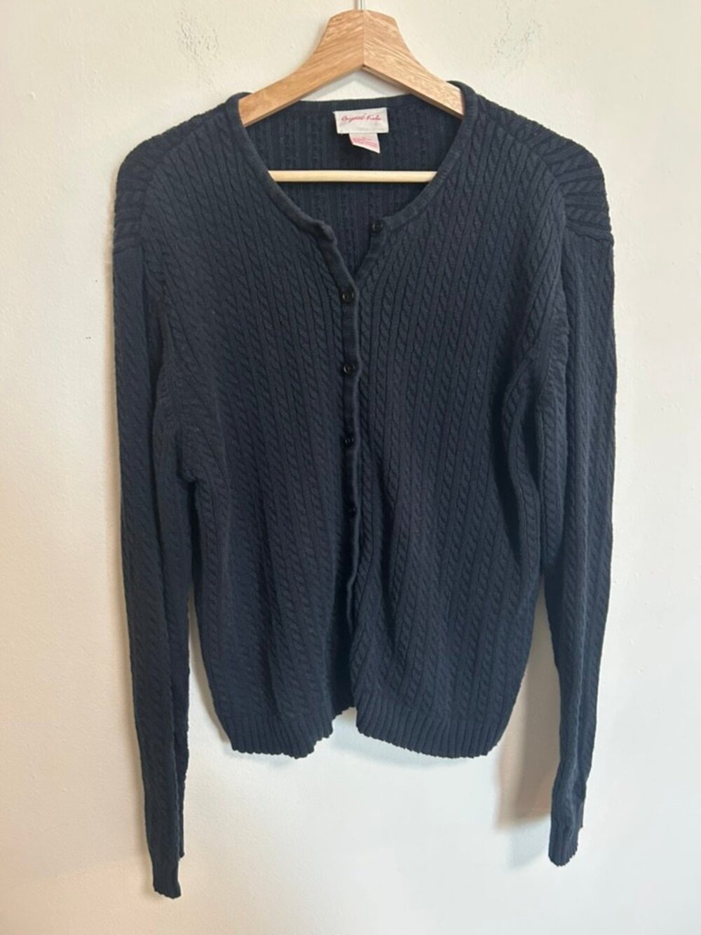 100% Cotton Black Cable Knit Cardigan Sweater Button Basic Crystal Kobe EUC Sz L